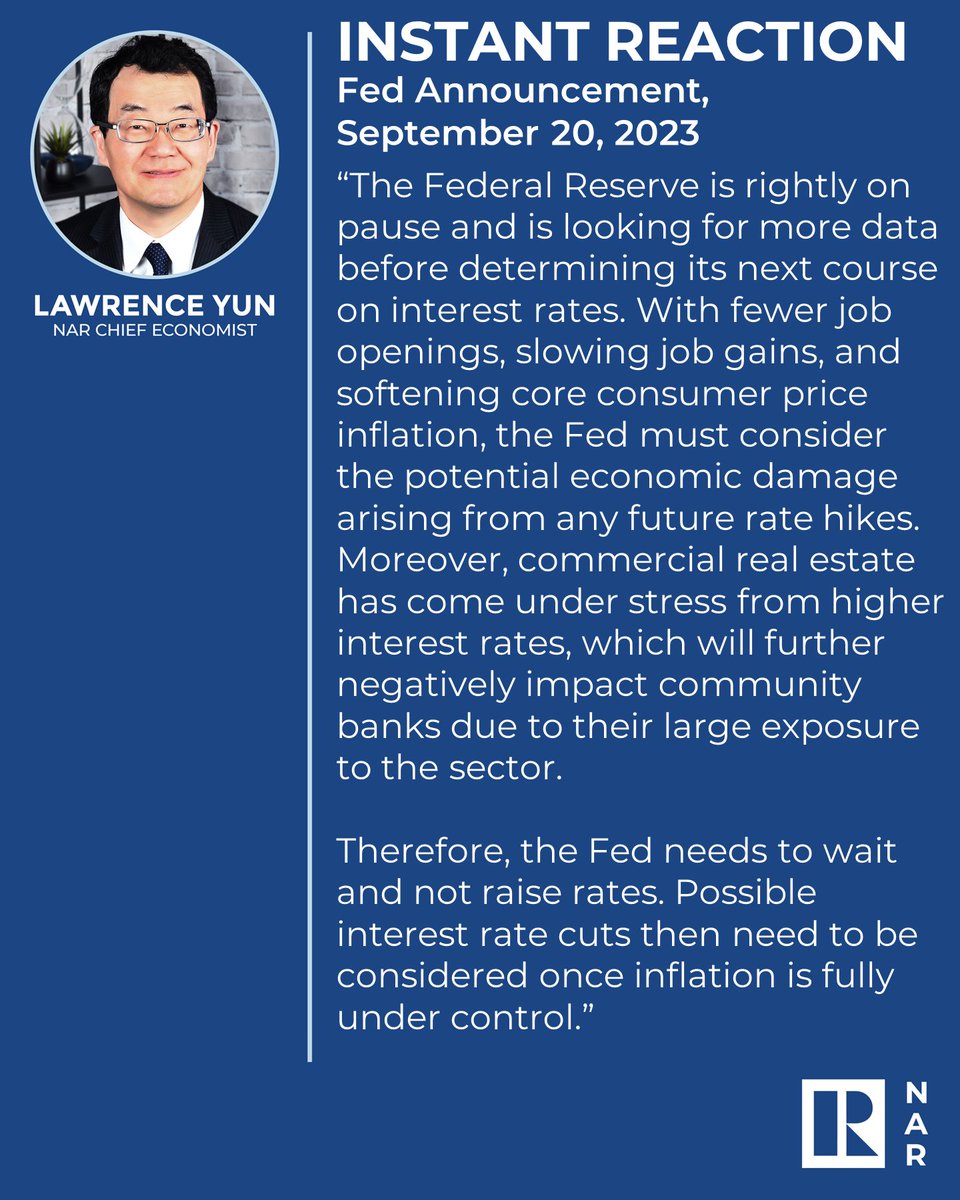 Instant Reaction: Fed Announcement, September 20, 2023. "The Federal Reserve is rightly on pause and is looking for more data before determining its next course on interest rates." spr.ly/6013u6Jd3
