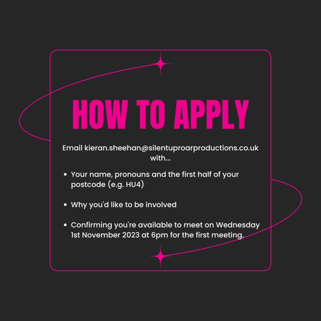 Swipe for more. ➡️ Did you know that we're looking for young people aged 16-25 to join our youth committee? Find out more information and download our recruitment pack. silentuproarproductions.co.uk/post/youth-com… Applications close on Friday 5 Oct. 💥