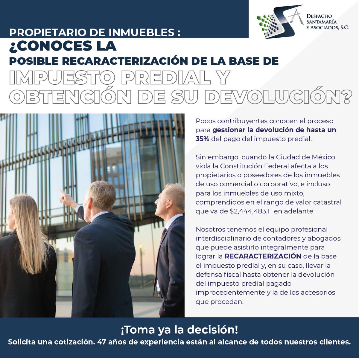 DSA_Santamaria's tweet photo. PROPIETARIO DE INMUEBLES

¿CONOCES LA POSIBLE RECARACTERIZACIÓN DE LA BASE DE IMPUESTO PREDIAL Y OBTENCIÓN DE SU DEVOLUCIÓN?

Pocos contribuyentes conocen el proceso para gestionar la devolución de hasta un 35% del pago del impuesto predial

#Inmuebles #Predial #Devolución #CDMX https://t.co/efDRitAO2D