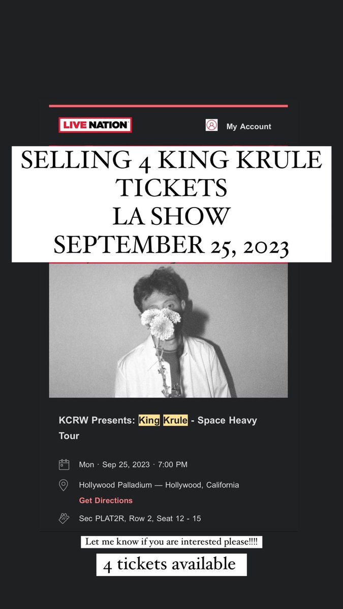 corpsebr1dee's tweet photo. SELLING 4 KING KRULE TICKETS 

LA SHOW SEPTEMBER 25th

Hollywood Palladium

#spaceheavytour #kingkrule #kingkruletickets https://t.co/BylJ0KVfmf