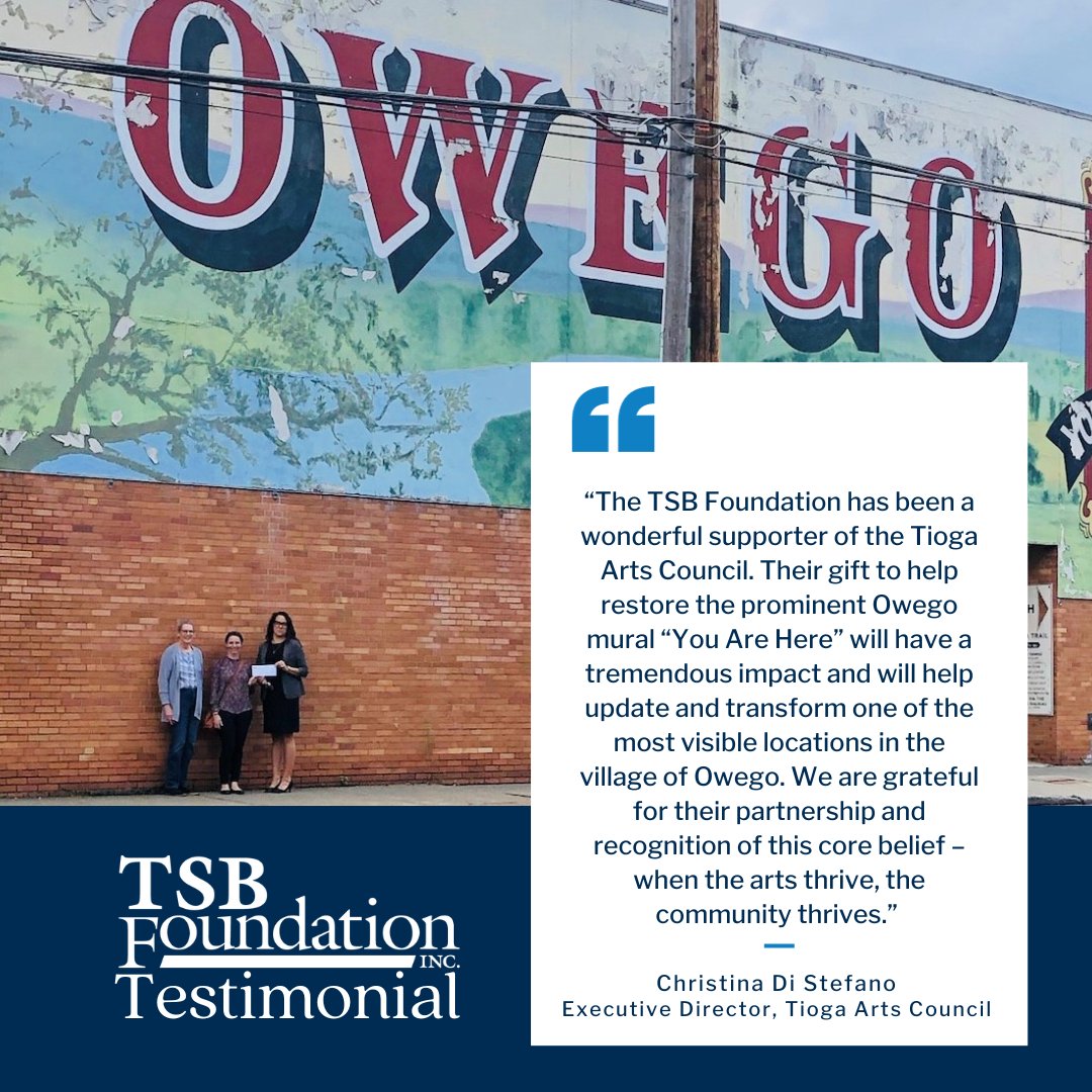 TiogaBank's tweet photo. The TSB Foundation is a proud supporter of the Owego mural restoration project. Local artists will begin working on the mural in October and hope to conclude in November. We can't wait to see the outcome! #TSBFoundation #Testimonial #Owego https://t.co/MoSTjIV10u