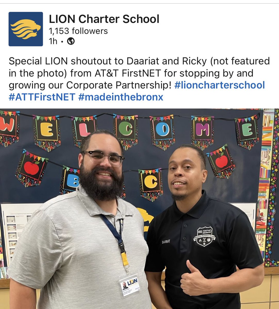 Great time today meeting Mr. Mike and the LION Charter School team 🦁 

Our AT&amp;T FirstNET
“Safest School  Initiative” 
aims at giving our heroes 🦸‍♂️ 
and future leaders 👦 
the connectivity they need when they need it most. 📡 

#SafestSchool
 #FirstNET1st
#BronxStrong