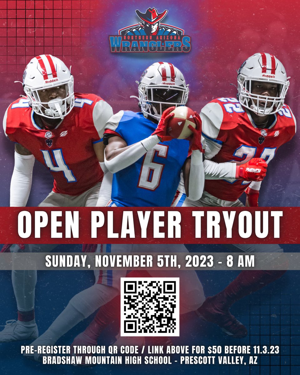 NazWranglers's tweet image. 🚨OPEN PLAYER TRYOUT!🚨 We are excited to announce our first open player tryout ahead of the 2024 season! 🤠👀 Scan the QR code or visit the link below to register.

sparkpages.io/cart/2/?i=_VcY…

📸Photos: #BlushingCactusPhotography

@IndoorFL 
@FindlayCenter