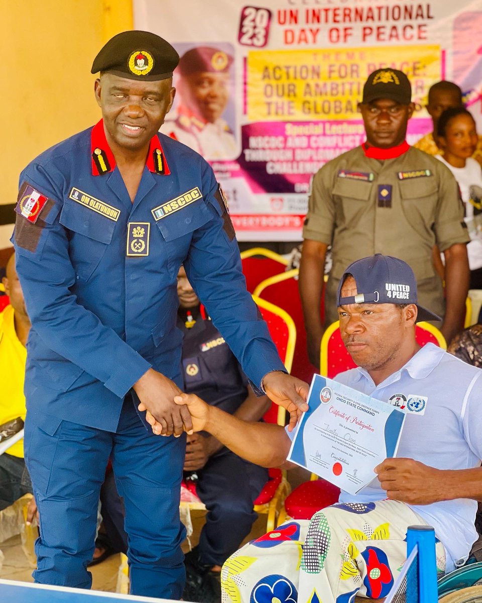 NSCDC_ONDO's tweet photo. practically demonstrated and a sense of inclusion seen given to them.

The celebration of 2023 UN International Day of Peace continues with a Peace walk and Public Lecture.

TOGETHER WE ARE STRONGER ❤️❤️❤️

God bless Nigeria 🇳🇬 
Gof bless NSCDC 🖤🤍❤️
God bless Ondo State ☀️ https://t.co/UimcnbPrnD