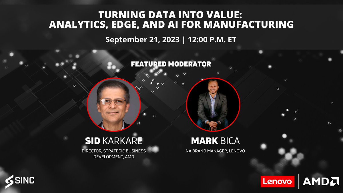 Get ready to dive deep into the future of manufacturing TOMORROW!

🔍 We'll explore key topics including:

🤖 Automating Operations Efficiency
☁️ Navigating Cloud Strategies
🏗️ Maximizing Data Architectures

Register Now: sincusa.com/events/lenovo-…