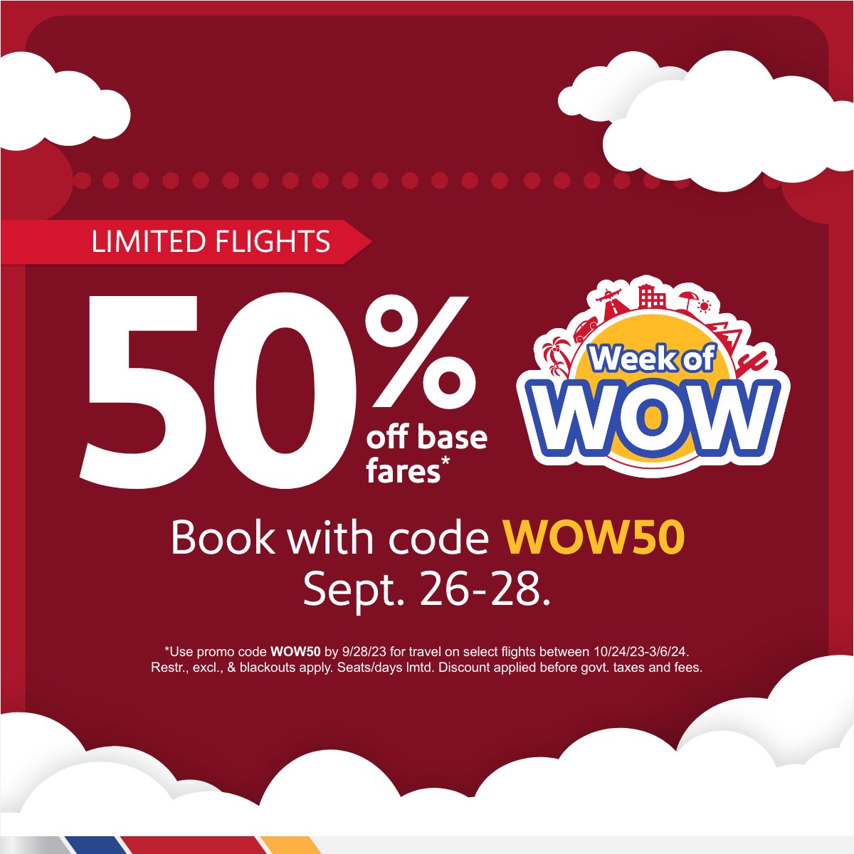 SouthwestAir's tweet photo. WOW, does that say 50% off??? Make sure to use promo code WOW50 at checkout! Book by Thursday.