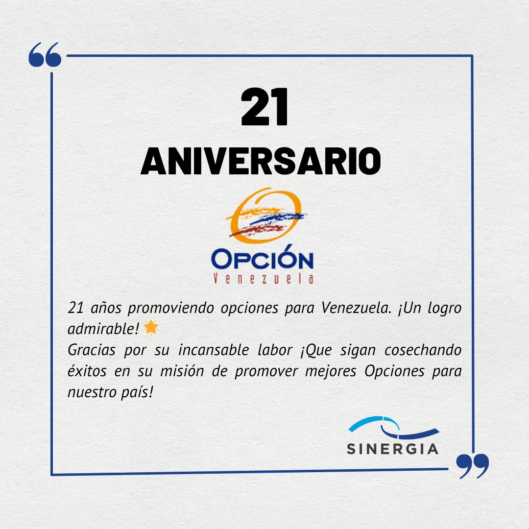 acsinergia's tweet photo. ¡Feliz aniversario! a nuestra asociada @OPCIONVenezuela https://t.co/ELoZbxP1FO