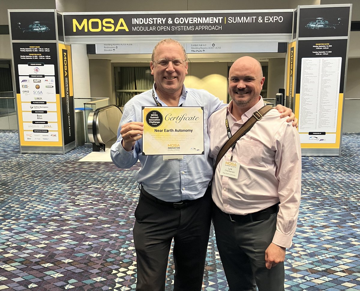 Thanks to our CSO Samuel (Mooly) Dinnar and CTO Lyle Chamberlain for representing Near Earth, accepting the MOSA Summit ‘23 - Innovation Challenge Finalist Award for our work on Modular Autonomy for Affordable Contested Logistics!