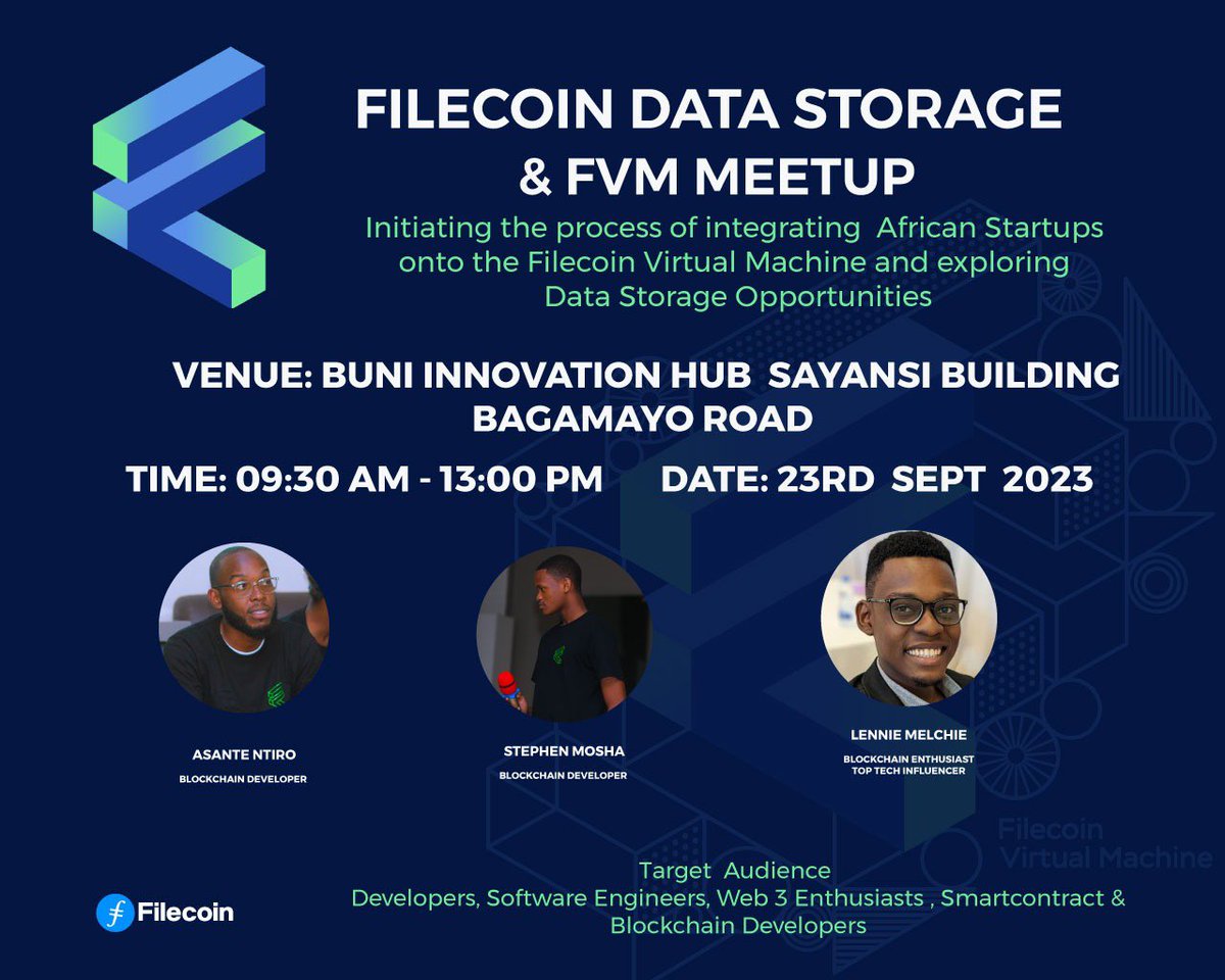 Don’t mis out our upcoming Data Storage Meetup this Saturday 23rd September at Buni Innovation Hub Sayansi. Come learn how to onboard as a storage provider and as well get a glimpse into the FVM @FilFoundation @Filecoin Register: eventbrite.com/e/an-introduct…