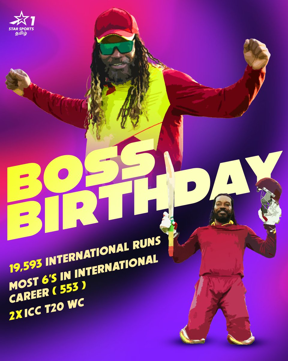 StarSportsTamil's tweet photo. Boundary-களின் boss @henrygayle-க்கு இனிய பிறந்தநாள் நல்வாழ்த்துகள்

#HBDChrisGayle #HappyBirthdayGayle #GayleStorm #UniverseBoss #ChrisGayle https://t.co/JkXaqXHFCO
