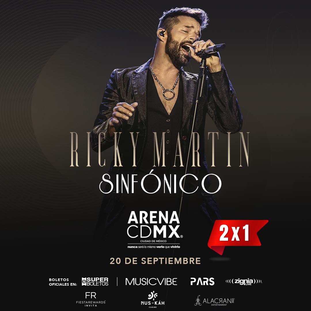 ArenaCdMexico's tweet photo. 🎙 ¡@ricky_martin #SINFÓNICO en concierto este 20 de septiembre en la #ArenaCDMX! 
 
🙌 Aprovecha el #SuperMiércoles 2x1 de #SuperBoletos. 
 
👉 Selecciona “PROMOCIONES Y DESCUENTOS”  
 
🎫 Aplica para zonas: Aqua, Gris, Café y Celeste. https://t.co/uWmfrfyFtv