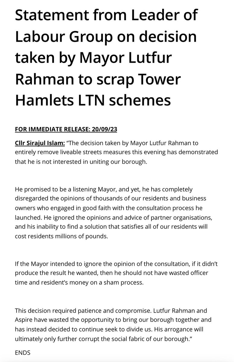 TH_Labour's tweet photo. Statement from @CllrSirajIslam on Mayor Lutfur Rahman’s decision to scrap TH LTN schemes: https://t.co/t73RU609IH