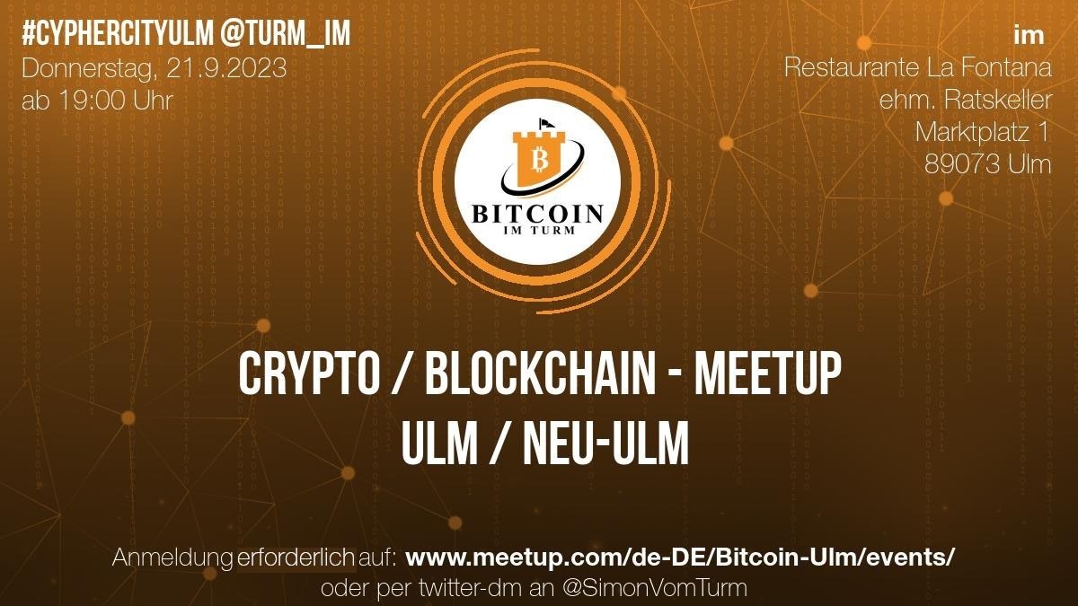Nach der #BTC23 ist vor dem #BitcoinMeetup.
Wir treffen uns wieder für interessante Gespräche rund um das Thema #Bitcoin. Schau doch vorbei, wenn du fragen hast oder dich einfach nur mit Leuten aus dem #Space unterhalten möchtest. Wir freuen uns. #BitcoinImTurm #CypherCityUlm