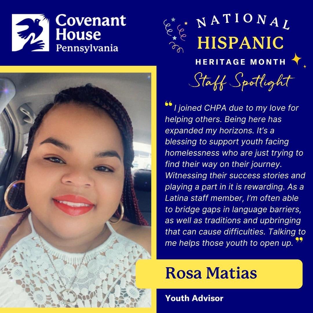 CovenantHousePA's tweet photo. This National Hispanic Heritage Month, we celebrate unity in diversity &amp; continue to create bright futures together! Here are some of our Latina staff members whose passion and commitment shine brightly in the work they do, and the youth we serve, of whom 13% identify as Latina! https://t.co/yJLloadZm1