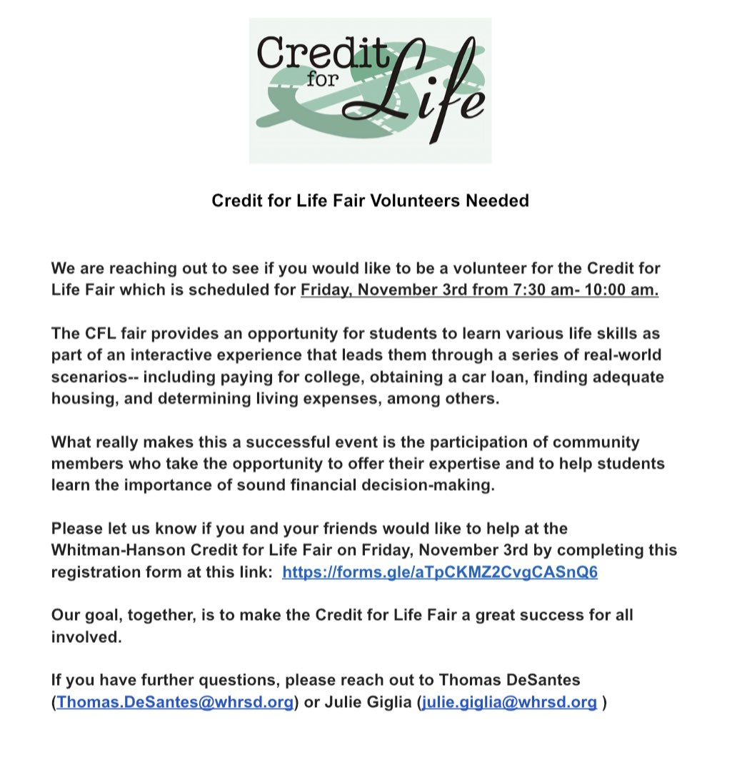 Credit for Life Volunteers Needed!! Help our seniors learn the importance of sound financial decision-making! If you are interested please completing the registration form at this link:  forms.gle/aTpCKMZ2CvgCAS…
<a href="/DrCSJones/">Christopher Jones</a> <a href="/julegig/">Julie Giglia</a> <a href="/Tom_DeSantes/">Tom DeSantes</a> #whpantherpathways #whpantherpride