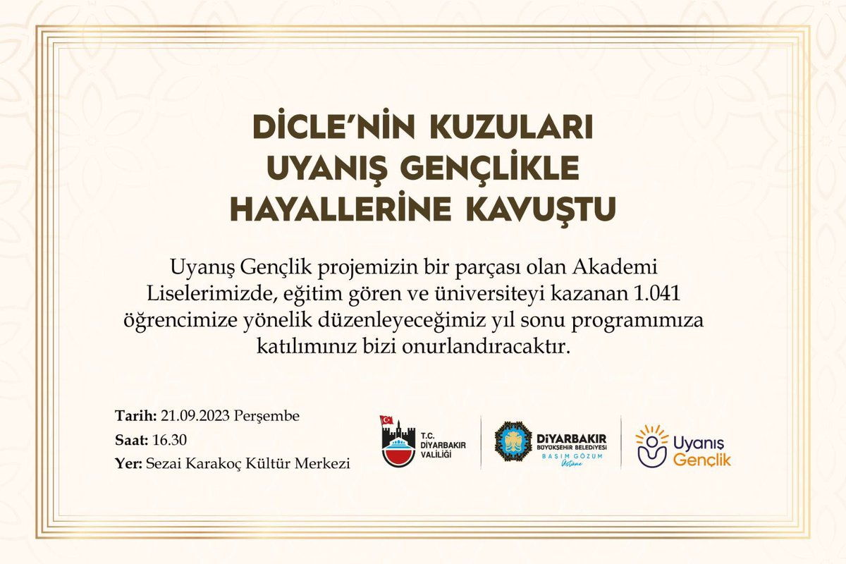Akademi Liselerimizde Temel Yeterlilik Testi ve Alan Yeterlilik Testi Sınavlarına hazırlanarak hayallerindeki üniversiteye yerleşen 1041 öğrencimiz için düzenleyeceğimiz etkinlik programına katılımlarınız bizleri onurlandıracaktır.
#Uyanışgençlik 👇👇👇