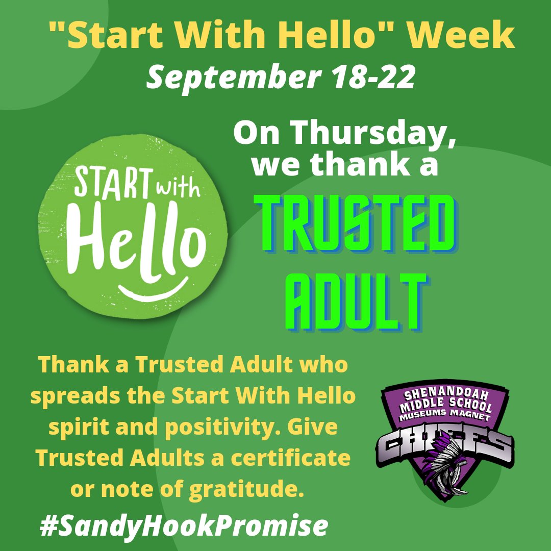 ShenandoahMS's tweet photo. On Thursday, we take the time to honor those trusted adults - the ones you know you can always talk to in a time of need. Wave hello or write them a nice note. #SayHelloWeek #SandyHookPromise #YourBestChoiceMDCPS @MDCPS @MDCPSCentral @SuptDotres @miamimagnets @MariTereMDCPS https://t.co/jxOV6Xn378