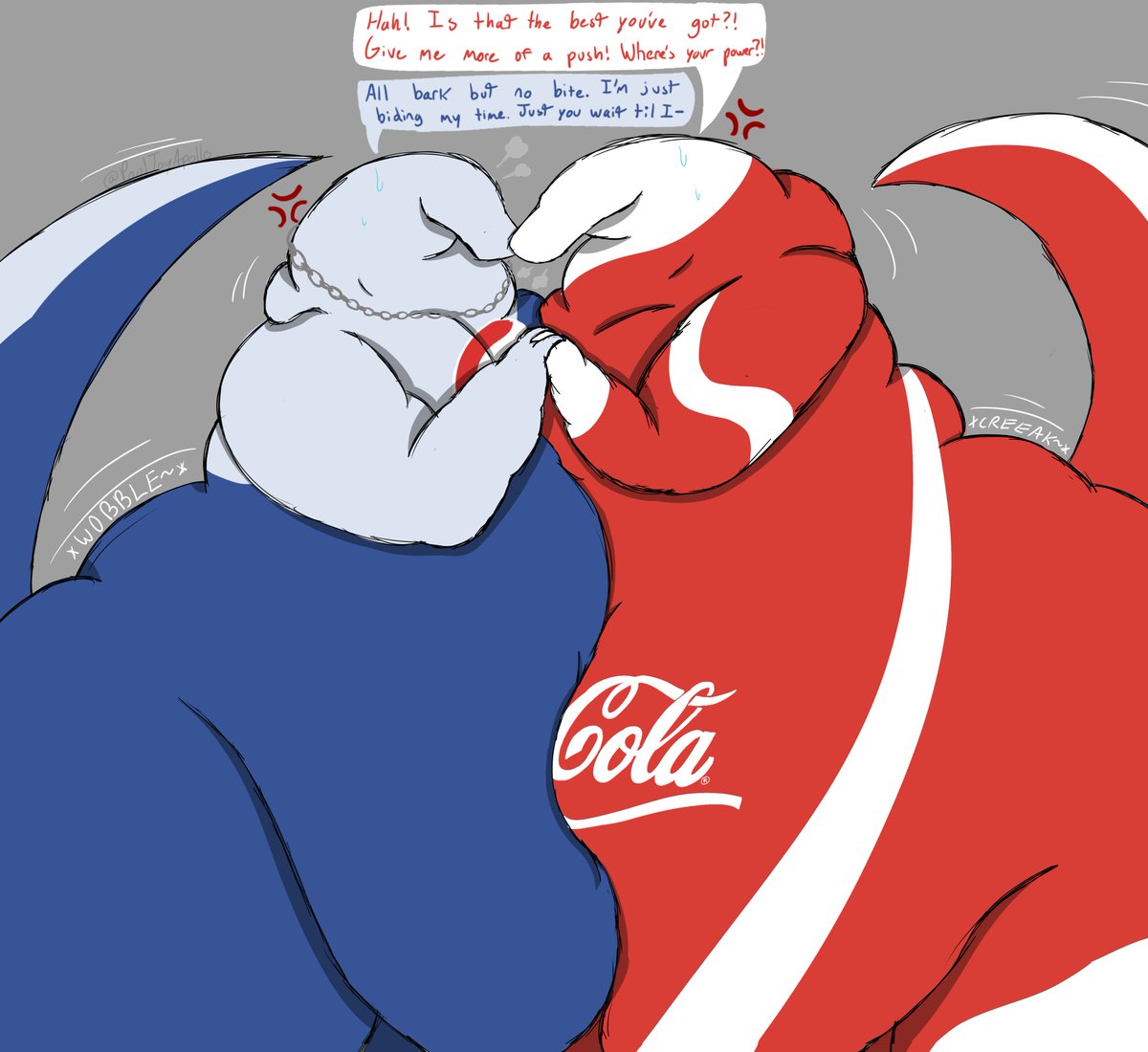 PoolToyApollo's tweet photo. Two sodas are competing in a wrestling match to see who is superior! Puffing themselves up with more liquid &amp; carbon dioxide, who knows what‘ll happen! But what’s this?! A new challenger approaches and crushes the competition, literally!! What a match! And a good show!~❤️🥤💙 https://t.co/YafgFkTb9X