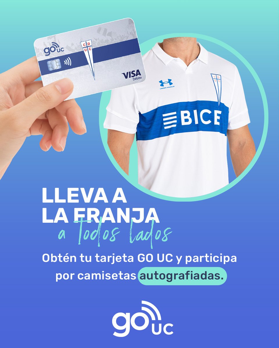 Cruzados's tweet photo. Con tu #GoUC 💳, ¡gana una camiseta firmada todos los meses! 😱
Para participar, debes tener tu tarjeta física GoUC @bancobice, ¡y listo! 👏
Si no la tienes, pídela en https://t.co/8YUzhsBT0f 🌐
No olvides abonar $4.990 para recibirla ✅, ¡y así participas de más sorteos! https://t.co/vWHBYV9Mv1