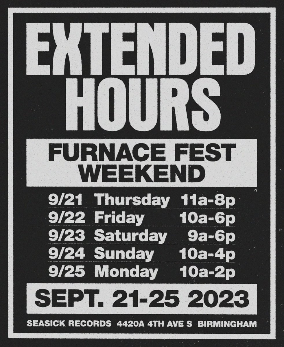 We’re open extended hours this weekend AND next Monday! Stop by and see us if you’re in town for Furnace Fest! Friday we’ll be putting out a ton of used hardcore/punk LPs, 7”, shirts, and more. See y’all soon. ✌️