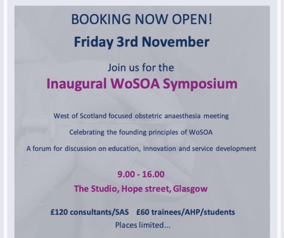 Rachel Harrison (Kearns) (@rjharrison79) on Twitter photo WoS unit updates 💡
Best practice and core topics 💥
Challenges and controversies 💪
Abstract competition 🏅
And even Soap box rants!!! 🎤
An absolute bargain 💰
Catch up with friends and colleagues and join us! 🙌
<a href="/WoSOA/">WoSOA</a> <a href="/AnaesthesiaScot/">Scottish Society of Anaesthetists</a> <a href="/Gaswegians/">WoS Anaesthetic StRs</a> WoS unit updates 💡
Best practice and core topics 💥
Challenges and controversies 💪
Abstract competition 🏅
And even Soap box rants!!! 🎤
An absolute bargain 💰
Catch up with friends and colleagues and join us! 🙌
<a href="/WoSOA/">WoSOA</a> <a href="/AnaesthesiaScot/">Scottish Society of Anaesthetists</a> <a href="/Gaswegians/">WoS Anaesthetic StRs</a>