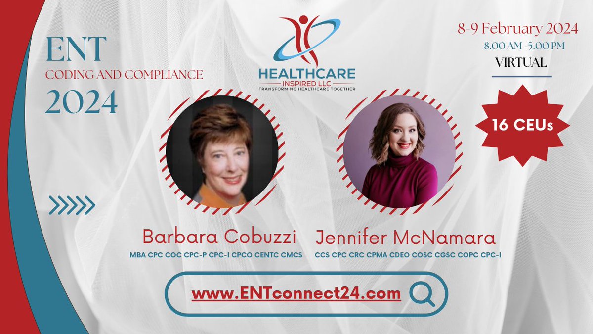 HlthInspired's tweet photo. Join us for the ENT Coding and Compliance Conference Virtual on Feb 8-9, 2024. Get 16 CEUs and a special 10% discount with code JMAC10

 Act fast - rates expire on 10/31/23! 

Register now 👇
https://t.co/Ttr0c9ap3o

 #ENTCoding #Healthcare #Conference #CEUs https://t.co/k5MVaN06wQ