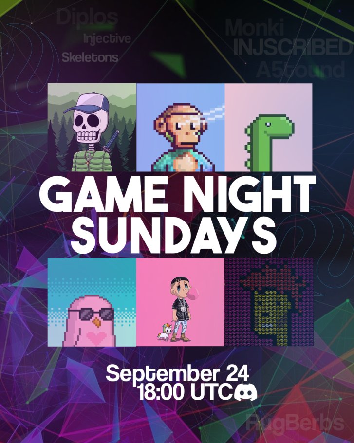 Sunday Game Night returns! 
Join Injscribed Punks discord to participate , 
discord.gg/rK5V2Vds
Make frens and have chance to win one of the many prizes
3 x 1 INJ
1 <a href="/berbtoken/">BERB 🥷</a> 
1 <a href="/InjSkeletons/">Injective Skeletons</a> 
2 WL for Skeletrons (V2)
5 WL for <a href="/vixxenNFT/">Vixxen</a> 
1 WL for <a href="/MonkiNFT/">Monki</a> 
3 WL for