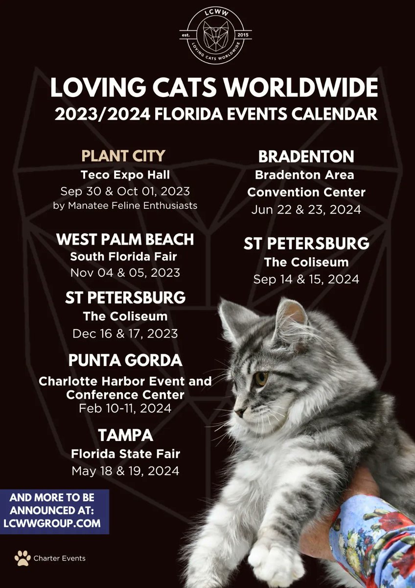 LCWWGroup's tweet image. Hey Florida Cat Lovers, check this out! We know you love cats just as much as we do, so we wanted to give you as much opportunity as possible to come hang out with us! ❤️😸

Get tickets to Florida events: buff.ly/3NFiYLA
#catloversclub #catshow