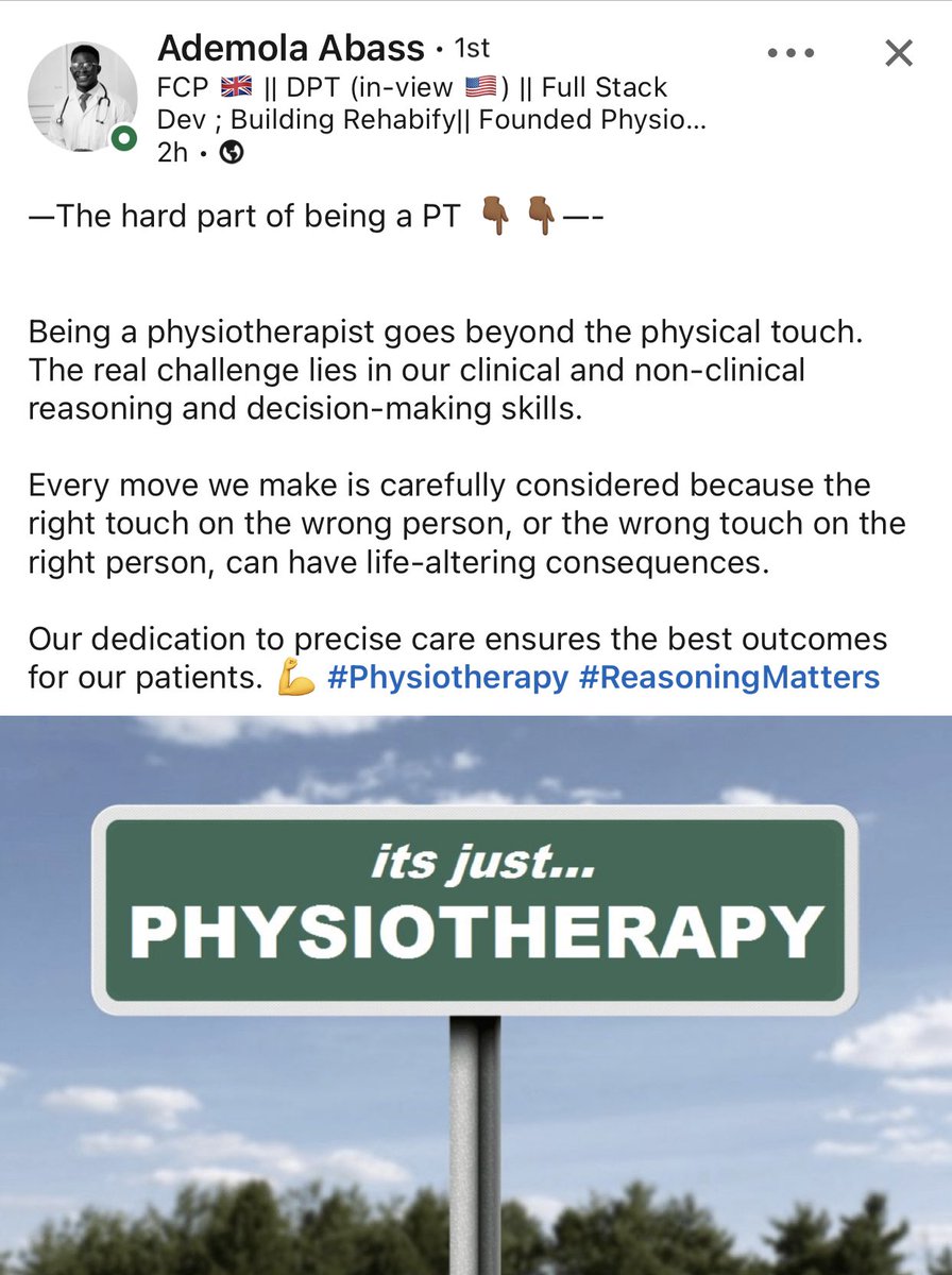 DAY 20: “it’s Just..Physiotherapy”??😳

#30DaysAboutPhysiotherapy
#ClinicalReasoningmatters
#Evidencebasedpractice
#Patientcentredcare
#Physiotalks

It’s a Day 20 of our #AboutPhysiotherapy campaign already, Learnt something different about physiotherapy?