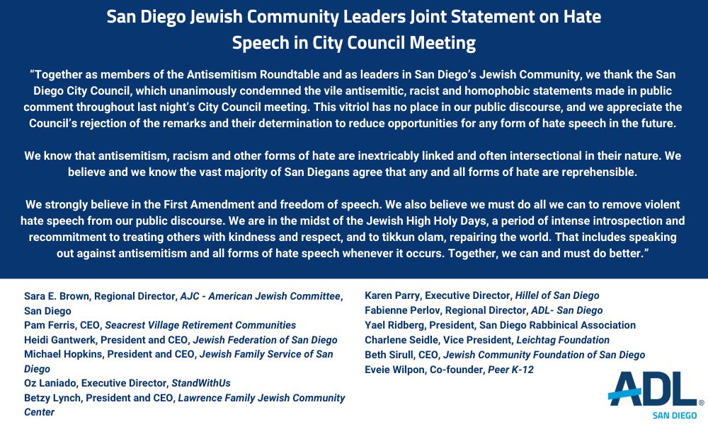 San Diego Jewish Leaders Joint Statement on Hate Speech in City Council Meeting.