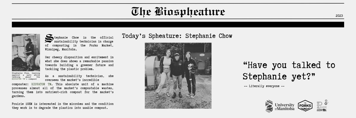 Prairie iGEM (@igem_prairie) on Twitter photo Meet <a href="/stephaniechow/">Stephanie Chow</a>, the dedicated sustainability technician @TheForks! ♻️ Prairie iGEM had the pleasure of sitting down with Stephanie and diving deep into our shared passion for composting and sustainable living. 🌍#PrairieiGEM #PLAnetZero #PlasticBiodegradation #iGEM2023 Meet <a href="/stephaniechow/">Stephanie Chow</a>, the dedicated sustainability technician @TheForks! ♻️ Prairie iGEM had the pleasure of sitting down with Stephanie and diving deep into our shared passion for composting and sustainable living. 🌍#PrairieiGEM #PLAnetZero #PlasticBiodegradation #iGEM2023