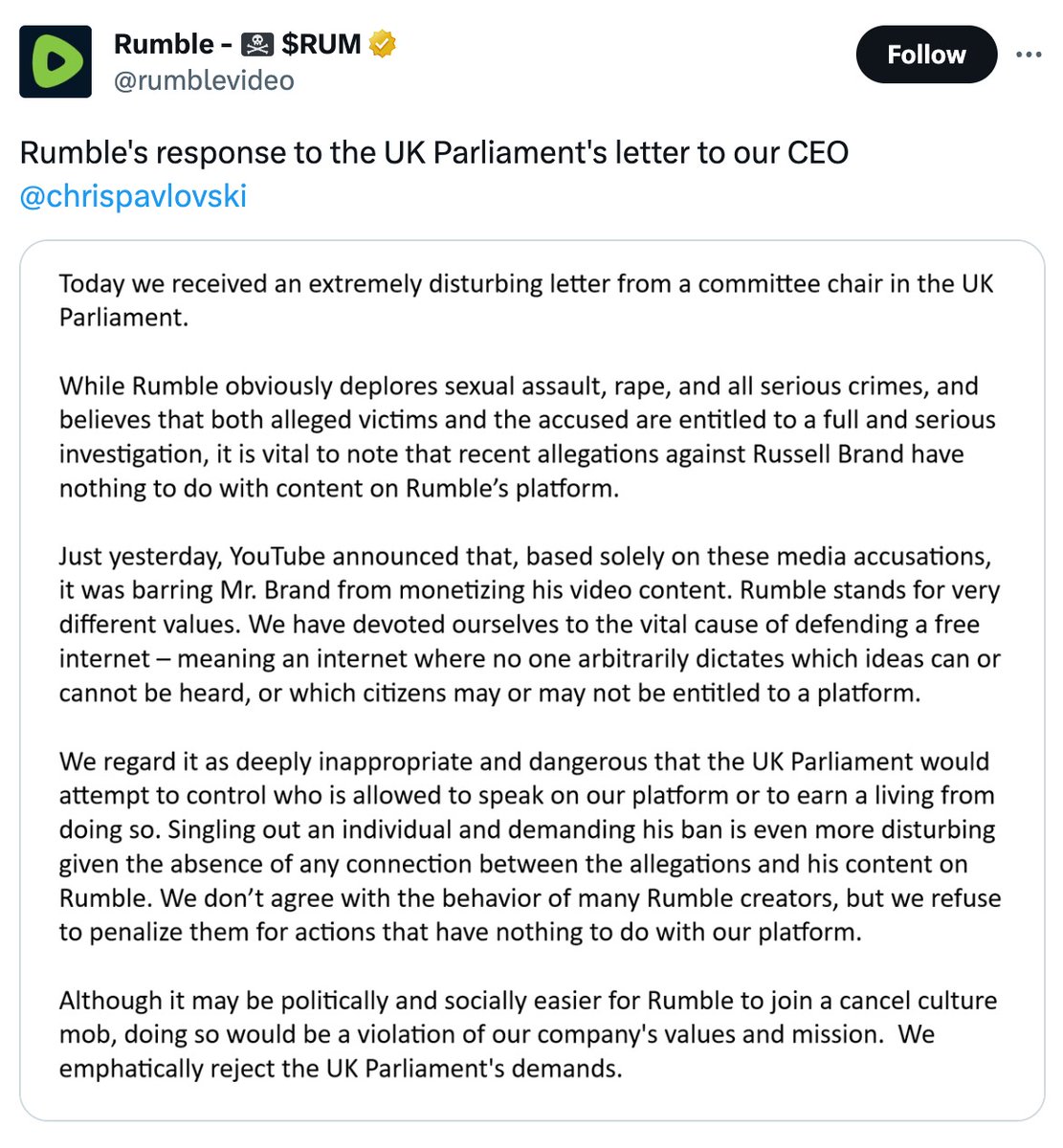 BREAKING: RUMBLE RESPONDS TO UK MP’S CENSORSHIP ORDERS

CEO Chris Pavlovski has denied the request to censor or demonetize Russell Brand. He stated,  “We have devoted ourselves to the vital cause of defending a free internet.”

Pavlovski further stated it was dangerous for the UK