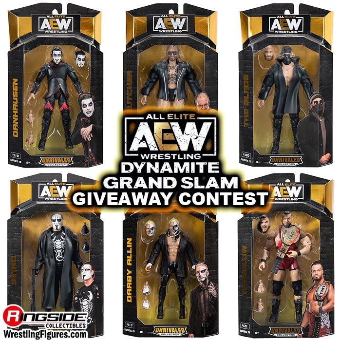 RingsideC's tweet photo. 🚨 𝙂𝙍𝘼𝙉𝘿 𝙎𝙇𝘼𝙈 𝙂𝙄𝙑𝙀𝘼𝙒𝘼𝙔 🚨

Enter our #AEW #GrandSlam Giveaway Contest for your chance to win a complete set of #AEWUnrivaled 13!

Set includes Danhausen, Sting, Darby Allin, Wardlow, The Butcher & The Blade!

To enter:
- Must be following @RingsideC 
- Like & Repost THIS post
- Reply to this post tagging three friends and let us know which Grand Slam Dynamite or Rampage match you’re most excited for

Winner will be selected at random out of everyone who entered and followed the rules. Winner to be announced next week!

Shop this set now at https://t.co/XWjx4UWoLR

***YOU WILL ONLY EVER BE CONTACTED BY THIS ACCOUNT***
If any other account poses to be us and asks you for any information please report and block them! We will never ask you for payment information or to click any links!

#RingsideCollectibles #WrestlingFigures #AllEliteWrestling #Jazwares #AEWRampage #AEWDynamite #AEWCollision #DarbyAllin #Danhausen #Sting #TheButcher #TheBlade #Wardlow