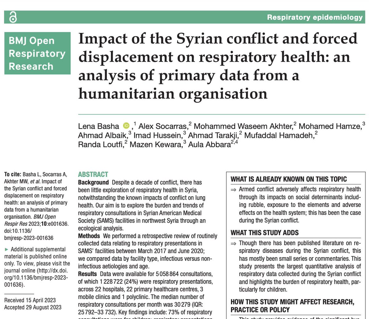 AulaA (@aulaab) on Twitter photo Great to see this out in <a href="/BMJOpen_Resp/">BMJ Open Respiratory</a> on #respiratory presentations in <a href="/sams_usa/">SAMS_USA</a> facilities during #Syrian #conflict - sparse data on this in #Syria though conflict has multiple effects on resp #health
See here: bmjopenrespres.bmj.com/content/10/1/e…
With Dr Lena Basha <a href="/DrMhamze/">Mohamed Hamze</a> <a href="/mkewara/">mazen kewara</a> Great to see this out in <a href="/BMJOpen_Resp/">BMJ Open Respiratory</a> on #respiratory presentations in <a href="/sams_usa/">SAMS_USA</a> facilities during #Syrian #conflict - sparse data on this in #Syria though conflict has multiple effects on resp #health
See here: bmjopenrespres.bmj.com/content/10/1/e…
With Dr Lena Basha <a href="/DrMhamze/">Mohamed Hamze</a> <a href="/mkewara/">mazen kewara</a>