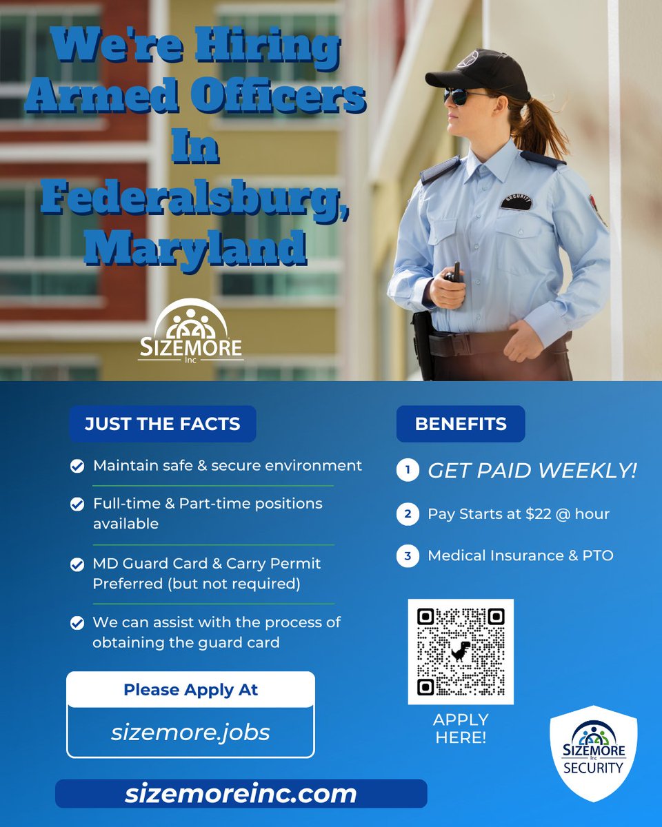 #sizemore #sizemoresecurity #securityguards #securityofficers #comeworkforus #hiring #hiringnow #pathwaytocareer #federalsburg #federalsburgjobs #marylandjobs