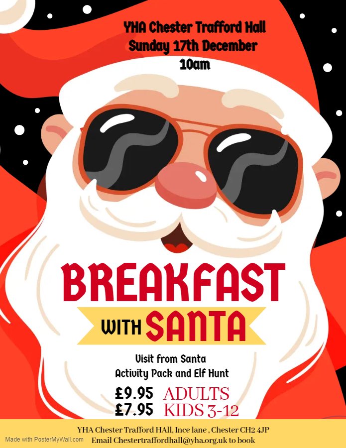 Family Christmas Breakfast with Santa @YHAChester 💫❤️🎁🎅🏻🎄

⏰ Sunday 17th December 2023 10am 🕙 

🌟Adults £9.95 | Children (3-10) £7.95

Bring those walking boots 🥾 for the Elf Hunt 🧝 

#christmas #festiveseason #booknow #christmascelebrations #breakfastwithsanta