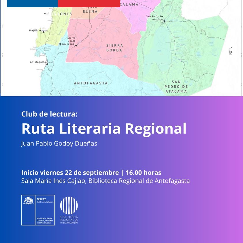 Súmate a la «Ruta literaria regional», el club de lectura de la <a href="/BibliotecAntofa/">Biblioteca Regional Antofagasta</a> en donde los y las participantes leerán a autores y autoras locales ¡Asegura tu cupo!  bibliotecaspublicas.gob.cl/cartelera/club…