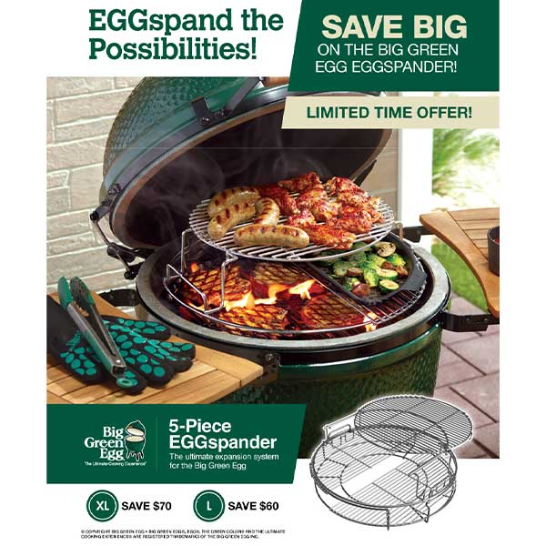 Did you know during the month of September 2023 at participating Big Green Egg dealers across the U.S. you can get $60 off the Large 5pc EGGspander Kit and $70 off the XL 5pc EGGspander Kit? EGGspand your possibilities! #biggreenegg #eggspander #onsale bit.ly/3RsgPFk