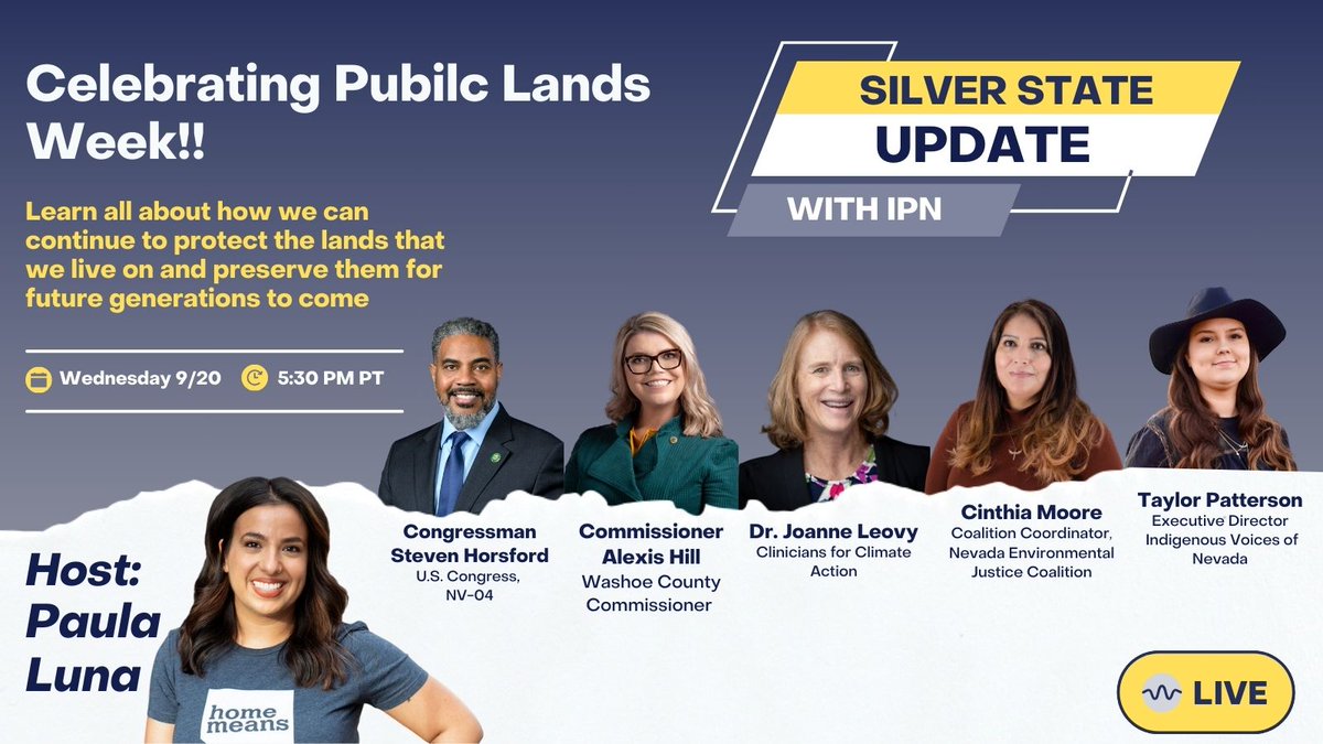 ProgressForNV's tweet image. 🌞 Join us today at 5:30 PM PT for the #SilverStateUpdate on Facebook and YouTube. We'll explore the climate crisis's impact on BIPOC communities and celebrate the 7th Annual Public Lands Day. Be a climate ally! 👥  bit.ly/SilverStateUpd…