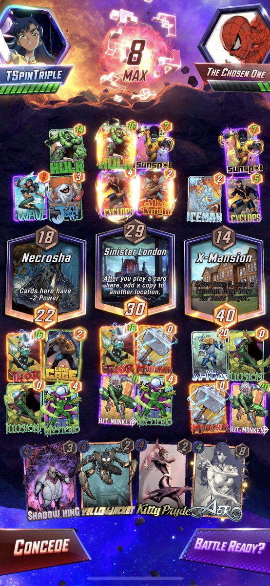 Loved this game. This deck can’t beat wave on 5…unless of course you do your hit monkey-infinity on 5 too :D

I filled the board on 5 and I guess they forgot about Mysterio or did the math wrong because this won me my gold conquest match :)

#MarvelSnap