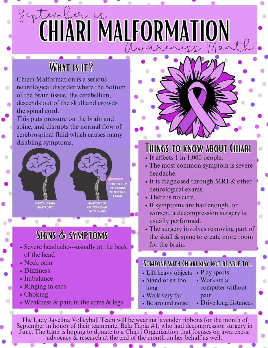 💜 September is Chiari Malformation Awareness Month! 
💚🐗💛 Our Lady Javelina Volleyball team has been wearing lavender ribbons for the month of September in honor of their teammate, Bela Tapia #1, who had decompression surgery in June
We love you #1, keep being amazing 🫶🏼