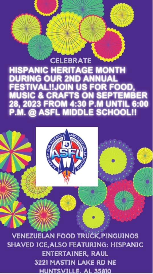 Come celebrate Hispanic Heritage Month with us! <a href="/asflmagnet/">ASFL Magnet Middle</a> <a href="/ASFLptsa/">ASFL PTA</a> <a href="/HSVk12/">Huntsville City Schools</a> @HSVMagnet