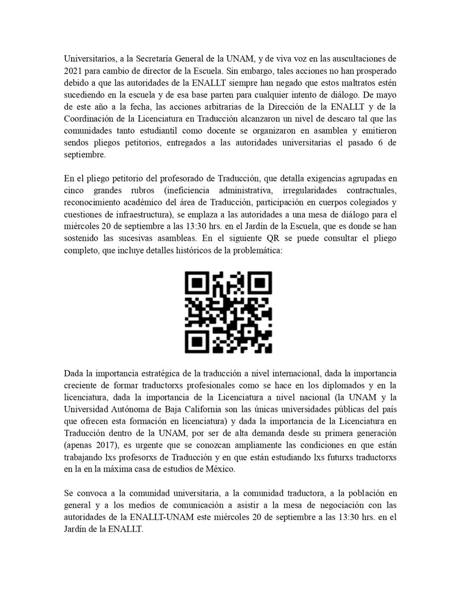 Compartimos el Boletín informativo de la Asamblea de Profesores de Traducción de la ENALLT-UNAM <a href="/tdetrad_enallt/">T_de_Traducción_ENALLT-UNAM</a> , del pasado 19 de septiembre de 2023.
Agradecemos la difusión que puedan hacer de este post.