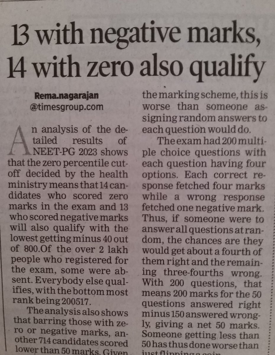 RemaNagarajan's tweet photo. Zero percentile means 14 candidates who scored ZERO in NEET PG exam, 3 with negative marks also qualify
Last rank was 200517, score was -40👏👏👏
How did people, who supposedly passed MBBS final exam score ZERO or negative marks?
What does it say about quality of MBBS graduates? https://t.co/V5loXMXyxs