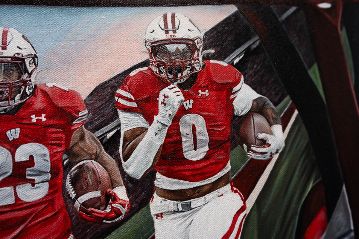 My new painting of some of the great Wisconsin Running Backs! Ron Dayne, Montee Ball, Melvin Gordon, Jonathan Taylor, and Braelon Allen.

30x48 acrylic on canvas
Took a little over 100 hours to complete