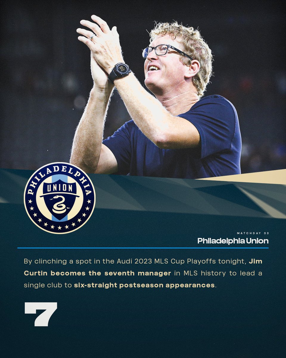MLS Communications (@mls_pr) on Twitter photo By clinching a spot in the Audi 2023 MLS Cup Playoffs tonight, the <a href="/PhilaUnion/">Philadelphia Union</a>’s Jim Curtin becomes just the seventh manager in <a href="/MLS/">Major League Soccer</a> history to lead a single club to six-straight postseason appearances. By clinching a spot in the Audi 2023 MLS Cup Playoffs tonight, the <a href="/PhilaUnion/">Philadelphia Union</a>’s Jim Curtin becomes just the seventh manager in <a href="/MLS/">Major League Soccer</a> history to lead a single club to six-straight postseason appearances.