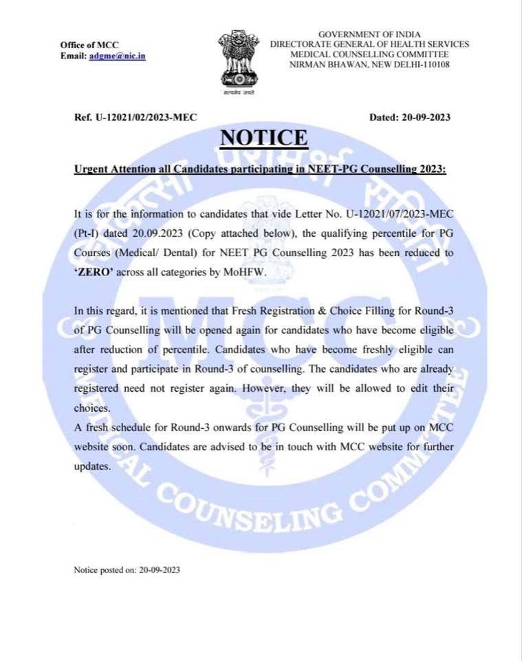 anikala's tweet photo. Required Percentile in PG-NEET is  Now Zero !
NEET was touted as an equitable merit-based system to streamline undergraduate and post graduate admissions to medical colleges in India so that the top ranked students get the seats and the worst get weeded out. But there is another ostensible function of the NEET.
To provide medical seats to bottom of the intellectual heap from  rich families in private medical colleges with sky high fees which only they can afford. Most such medical colleges are owned by politicians.
To match these two categories of people the NEET has done a remarkable job over the years at the cost of bright (but not the top ranked econonomically middle class students) the ones who can afford only government medical colleges' fees.
However even then the very rich students were failing to get both UG and PG seats because they could not get even the very low ranks.  To further its goal, the Central Government has  come out with a new circular declaring that in order to qualify for PG counselling the qualifying percentile in NEET has been reduced to zero.
There may be no body below you in the NEET ranking, but you can still join a superspeciality course, provided you are rich enough.
Meet the specialists  of the future.