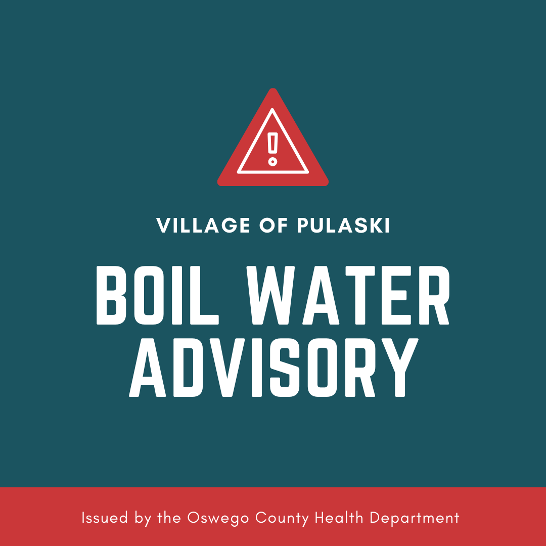 OswegoCountyEMO's tweet photo. ⚠️ Boil Water Advisory ⚠️
The Oswego County Health Department has issued a Boil Water Advisory for portions of the Village of Pulaski for the next few days due to a water main break. For more information, visit https://t.co/0ccVpDBAP3 https://t.co/6fTw17EXVu