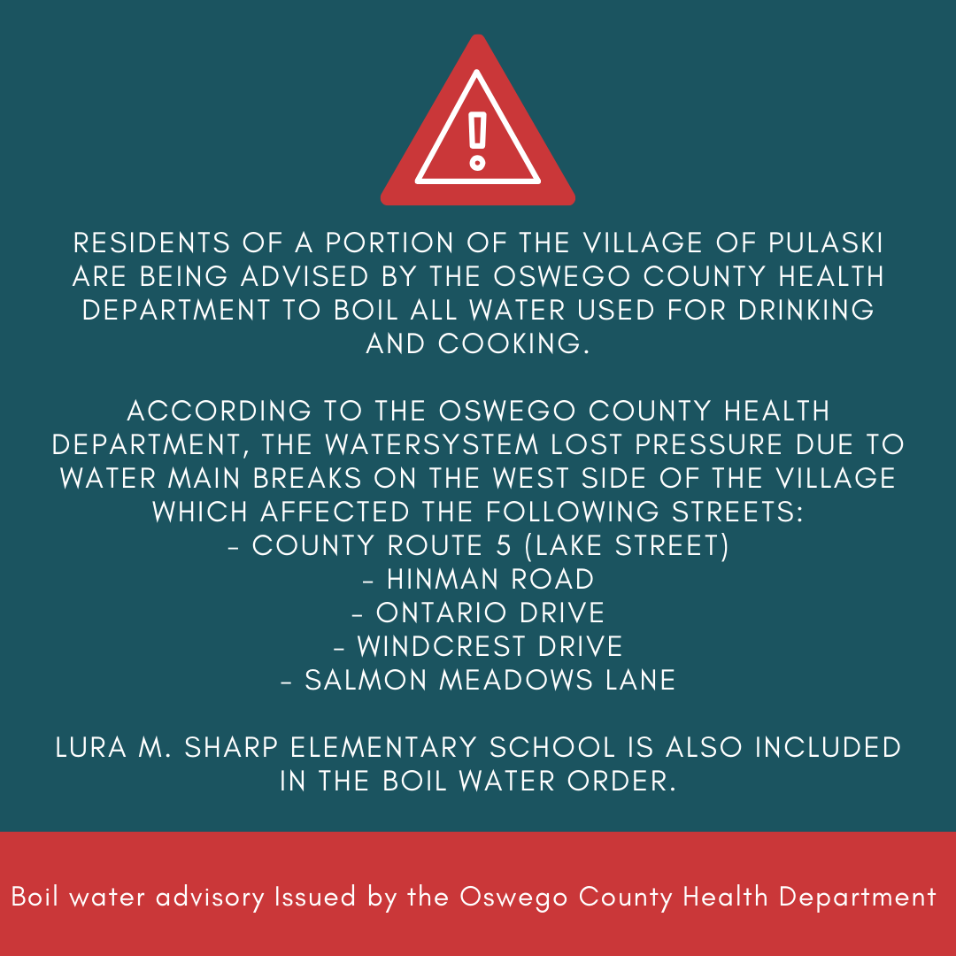 OswegoCountyEMO's tweet photo. ⚠️ Boil Water Advisory ⚠️
The Oswego County Health Department has issued a Boil Water Advisory for portions of the Village of Pulaski for the next few days due to a water main break. For more information, visit https://t.co/0ccVpDBAP3 https://t.co/6fTw17EXVu