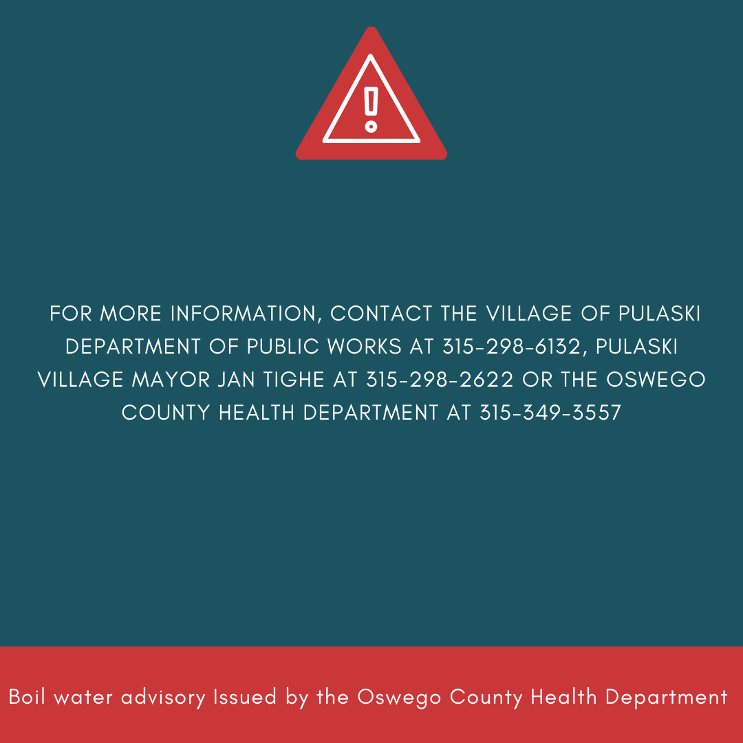 OswegoCountyEMO's tweet photo. ⚠️ Boil Water Advisory ⚠️
The Oswego County Health Department has issued a Boil Water Advisory for portions of the Village of Pulaski for the next few days due to a water main break. For more information, visit https://t.co/0ccVpDBAP3 https://t.co/6fTw17EXVu